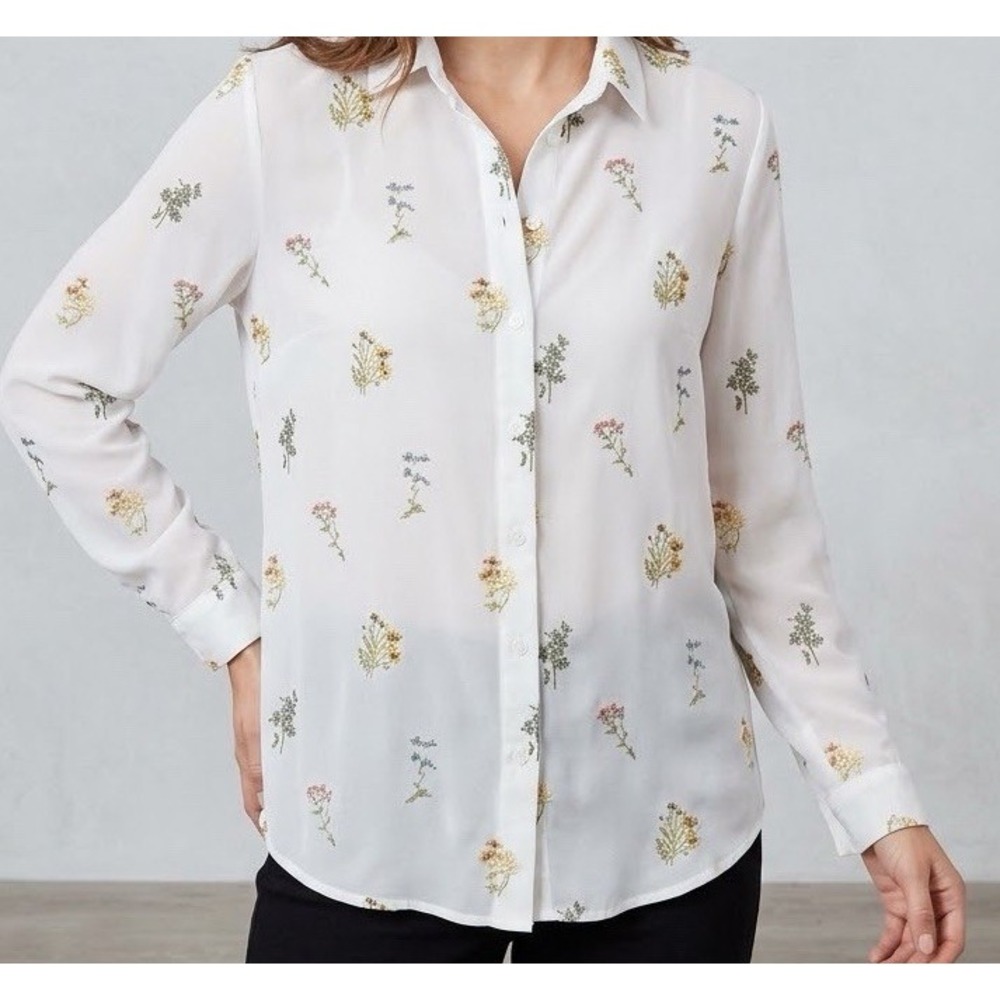 H&M Size 14 Floral Cream Green Pink Yellow Shirt Blouse Top Women Stylish